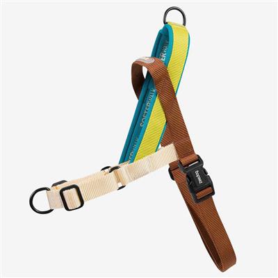 Dog harness with brown, beige, and blue straps on a white background