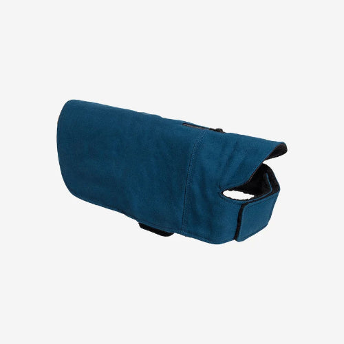 Blue dog coat with velcro closures on white background.