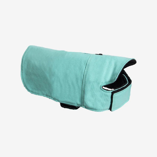 Mint green dog coat with velcro closures on white background.