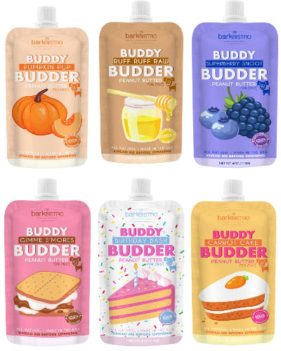 Collection of BarkBistrolBuddy Budder peanut butter pouches in various flavors