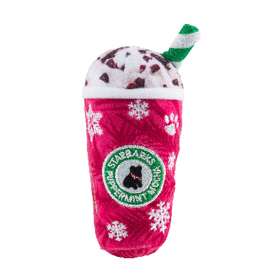 Pink plush toy resembling a peppermint mocha cup with snowflakes and a straw, featuring the Starbarks logo.