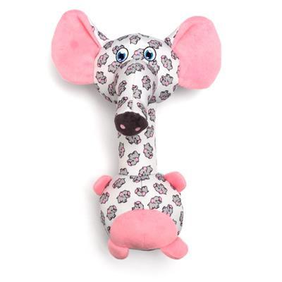 Plush elephant toy with pink accents on a white background