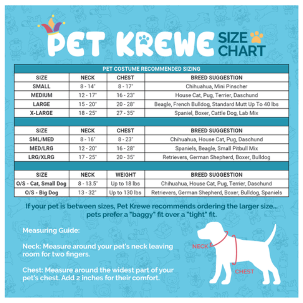 Pet Krewe size chart for pet costumes showing neck and chest measurements with breed suggestions and a dog measuring guide.