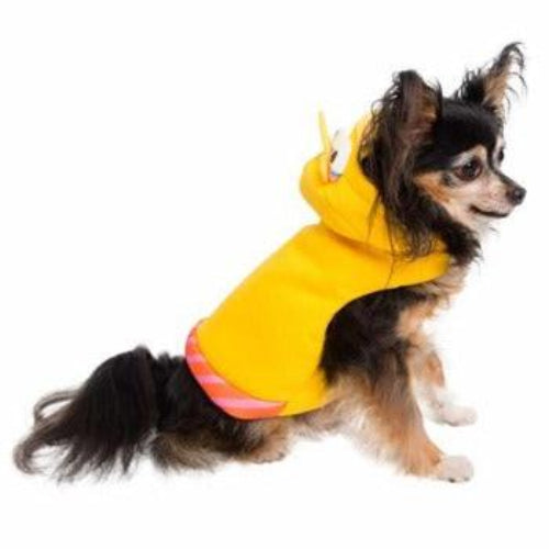 Small dog wearing a bright yellow Big Bird hoodie with a character face hood and orange striped trim.