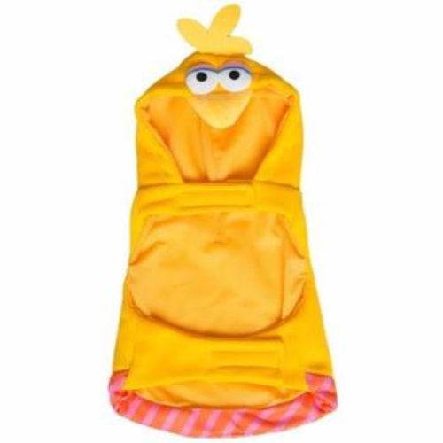 Yellow Big Bird pet hoodie made of soft polyester with a character face hood, leash hole, and striped trim.