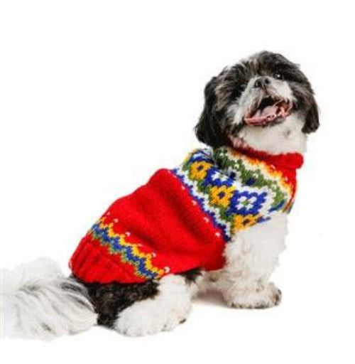 Small dog wearing a hand-knit red wool Fairisle sweater with colorful floral patterns against a white background.