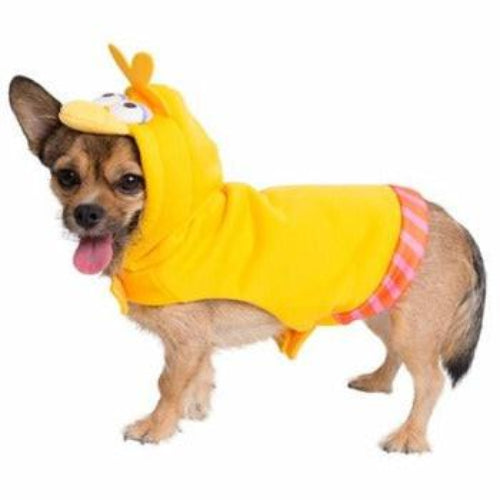 Small dog wearing a bright yellow Big Bird hoodie with a character face hood and pink striped trim on a white background.
