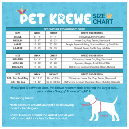 Pet Krewe size chart for pet costumes featuring neck and chest measurements, breed suggestions, and a dog measuring guide.