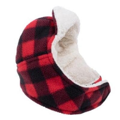 A red and black buffalo check fleece aviator hat for dogs with a white sherpa fleece lining.