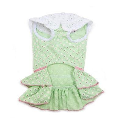 Green pet dress with white polka dots and pink trim on a white background