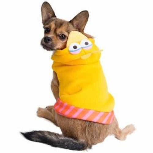 Small dog wearing a soft yellow Big Bird hoodie with a character face hood and pink striped hem on a white background.