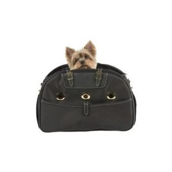 Black Ariel designer dog carrier with gold hardware, leather trim, and a small dog peeking out from the top.