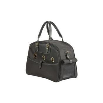 Black Ariel designer dog carrier in a bowler bag style with gold hardware, leather trim, and ventilation grommets.