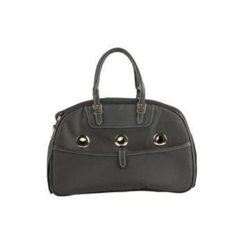Black Ariel designer dog carrier in a bowler bag style with gold grommet ventilation and leather trim.