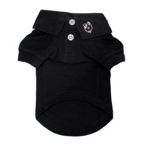Jet black cotton dog polo shirt with a collared neckline, pearlized buttons, and an embroidered logo on the collar.