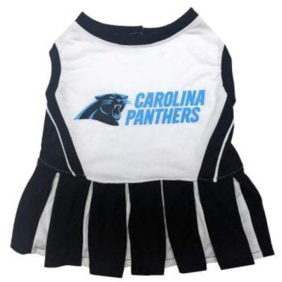 A dog cheerleader dress with a white background featuring the Carolina Panthers logo in blue and black colors, and a frilled skirt.