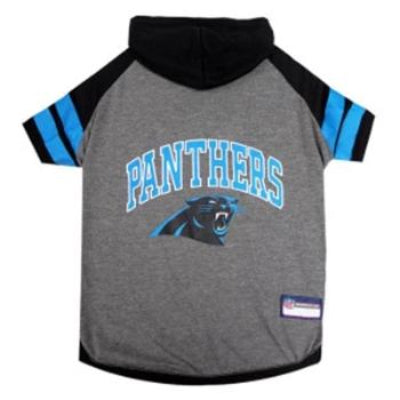Black, Gray & Teal Carolina Panthers Hoodie Shirt with teal stripes on sleeve shown on white background.