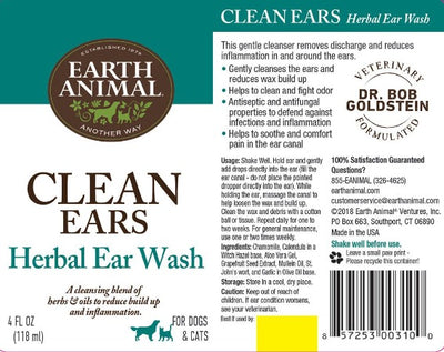 Earth Animal Herbal Topical Remedies Clean Ears Ear Wash for Dogs & Cats 4 oz..