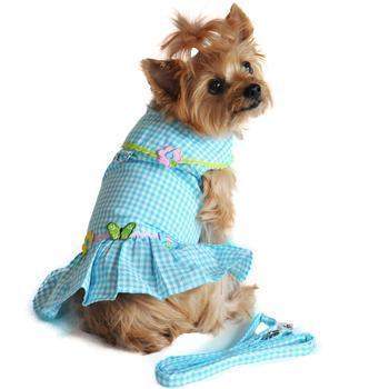 Turquoise Gingham Flower Dog Dress With Matching Leash.