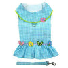Turquoise Gingham Flower Dog Dress With Matching Leash.