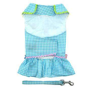 Turquoise Gingham Flower Dog Dress With Matching Leash.
