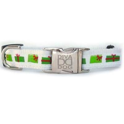 Diva-Dog adjustable white collar featuring a green gift box pattern with red ribbons and a durable metal buckle.