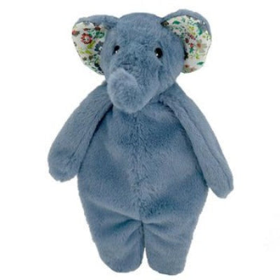 Blue plush elephant dog toy with floral patterned ears on a white background