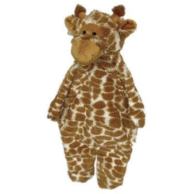 A plush, soft giraffe-shaped dog toy in brown & tan with a stuffed head and body.