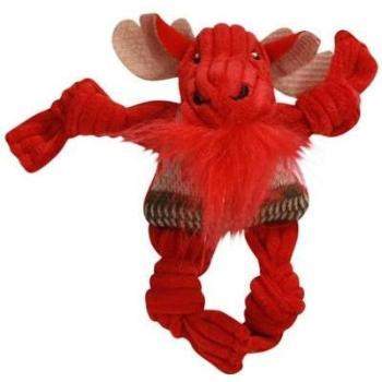 Introducing the Holiday Wee Knotties Nordic Moose Toy by Hugglehounds, a charming red moose-shaped dog toy with rope limbs and a furry chest, perfect for chewing. It includes a squeaker to keep your pup entertained.