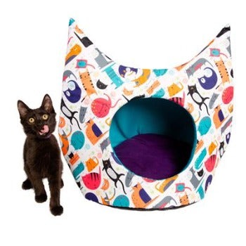 Pet Krewe Multi-Color Hooded Cat Bed/Cave with Cat Designs-Paws & Purrs Barkery & Boutique
