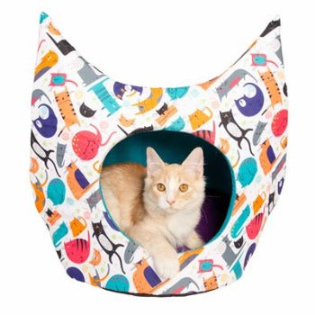 Pet Krewe Multi-Colored Hooded Cat Bed/Cave with Cat Designs-Paws & Purrs Barkery & Boutique