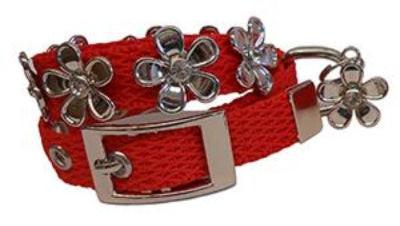 Red woven dog collar with silver metal flowers and metal buckle