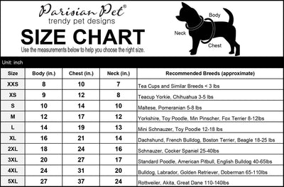Parisian Pet USA Dog T-Shirt Size Chart-Paws & Purrs Barkery & Boutique