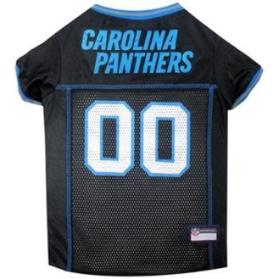 A black and blue Carolina Panthers dog jersey with the team's name and '00' as the player's number displayed on the back.