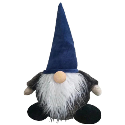 A plush gnome-shaped toy with a blue hat and white beard, designed for dogs.