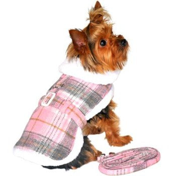Doggie Design Sherpa Lined Dog Harness Coat - Pink and White Plaid with Matching Leash-Paws & Purrs Barkery & Boutique