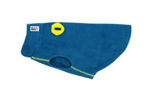 Blue Baseline fleece dog pullover with a yellow leash port, reflective label, and contrast stitching.