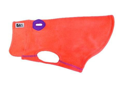 Bright orange stretchy fleece dog pullover with a purple leash access port and reflective RC signature label.