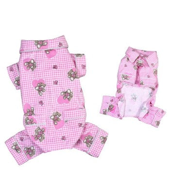 Teddy Bear Love Flannel Dog Pajamas - Pink.