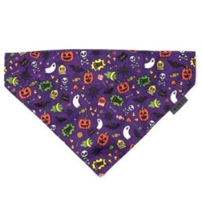A purple dog bandana with a Halloween theme, featuring prints of pumpkins, ghosts, and bats, over a collar.