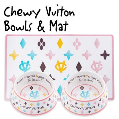 Haute Diggity Dog White Chewy Vuiton Dog Bowls & Mat Set-Paws & Purrs Barkery & Boutique