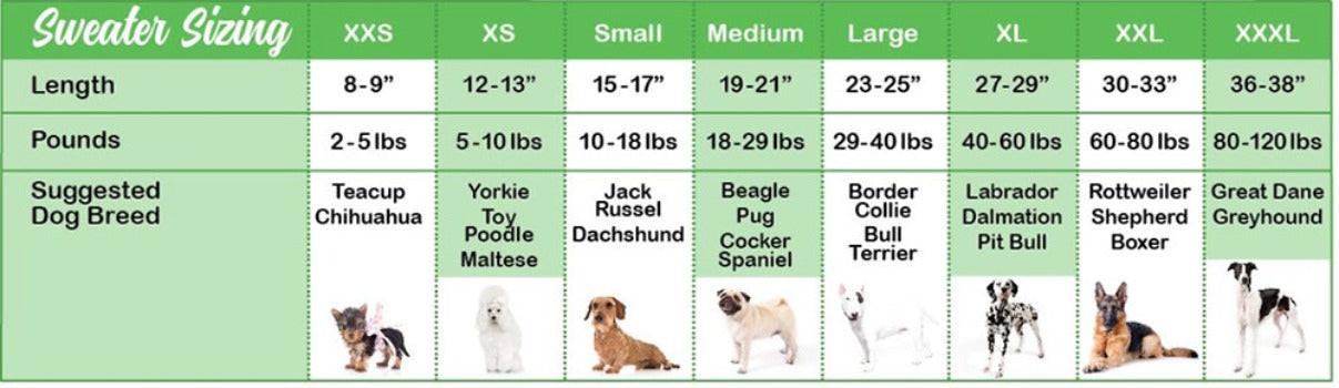 Chilly Dog sweater sizing chart showing length, weight, and breed recommendations for sizes XXS to XXXL.