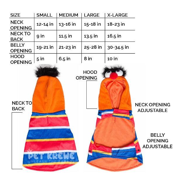 Ernie pet hoodie with striped design, hood, and leash hole, shown with a size chart for small to extra-large dogs.