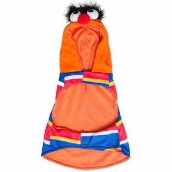Soft polyester Ernie pet hoodie featuring a striped design, orange hood with character face, and a leash hole.