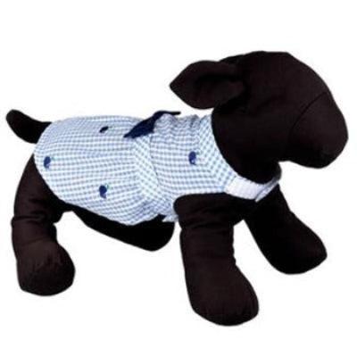 Black plush dog toy wearing a blue checkered shirt on a white background