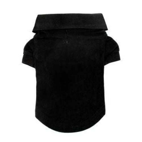 Jet black cotton dog polo shirt with a classic collar, ribbed sleeves, and a high-cut stay-dry belly design.