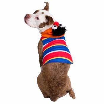 Dog wearing a soft, striped Ernie hoodie with an orange hood and character face detail on a white background.