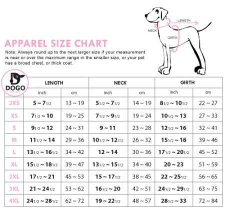 Dogo dog apparel size chart with recommendations based on length, neck & girth on white background