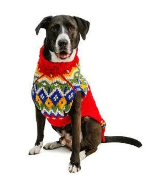 Black and white dog wearing a hand-knit red, green, and blue Fairisle wool sweater with a festive geometric pattern on white background.