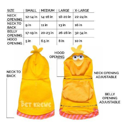 Yellow Big Bird pet hoodie with a character hood, leash hole, and size chart showing measurements for small to extra-large.